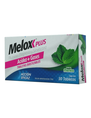 Melox Plus Con 30 Tabletas - Magnesio Hidróxido / Dimeticona / Aluminio Hidróxido Sabor Menta