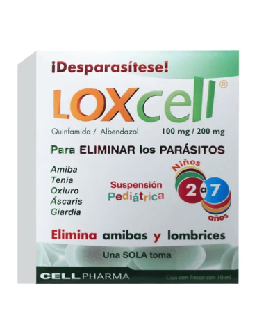 Loxcell De 100 mg/200 mg Caja Con Frasco con 10 mL Para eliminar los Parásitos. Niños de 2 a 7 Años - Quinfamida / Albendazol